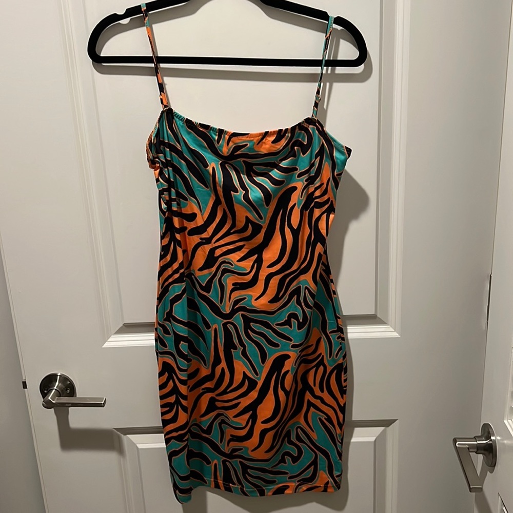 Turquoise, orange and black printed dress